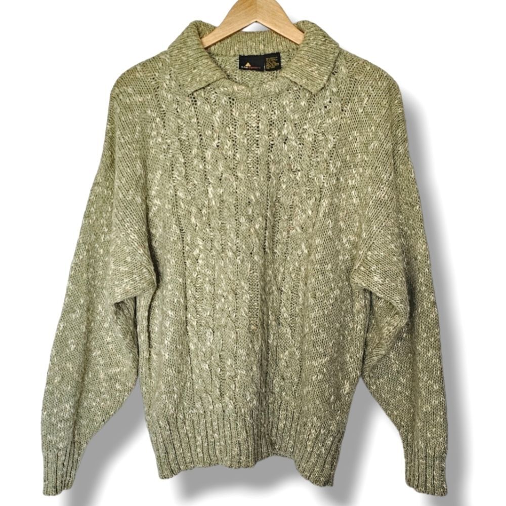 Vintage Liz Claiborne Cable Knit Sweater Size L Wool Blend Collared Pastel Green